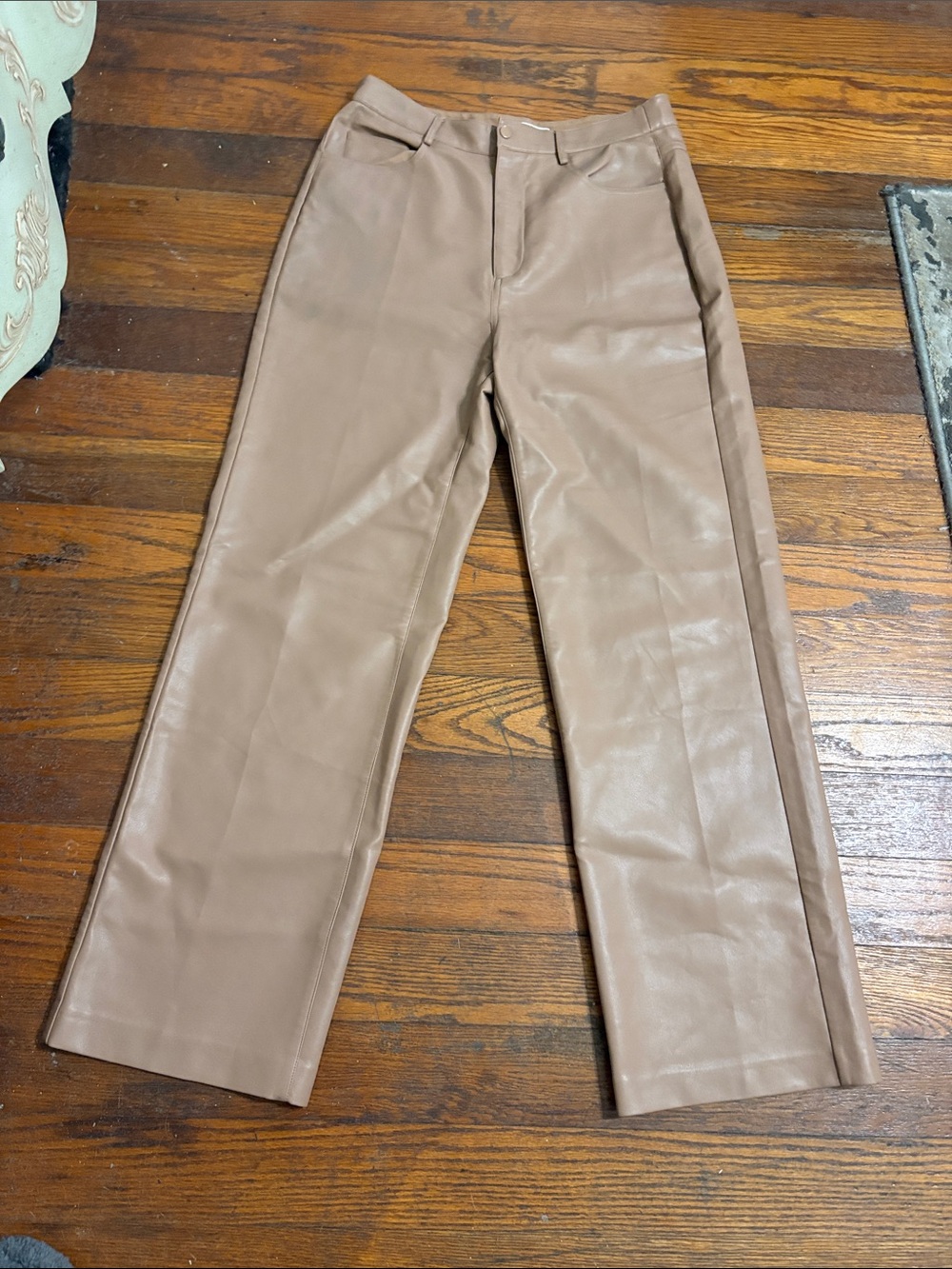 WAYF Robertson High Rise Faux Leather Trousers Caramel Straight Leg Women’s L